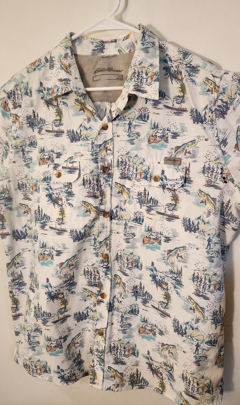 Eddie Bauer White Short-Sleeve Scenic Print Button-Down Shirt